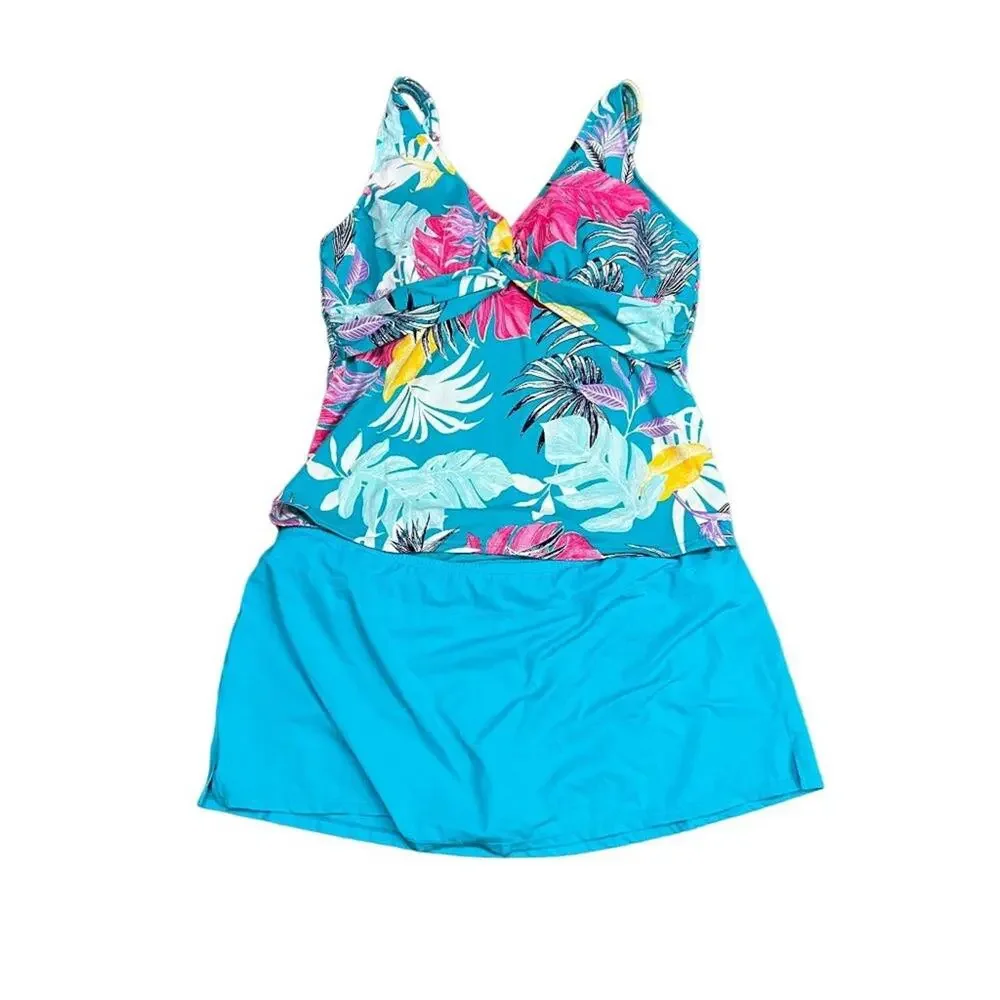 Jantzen AO Tropical Palm Leaf Twisted Front Tankini Set Womens 20W